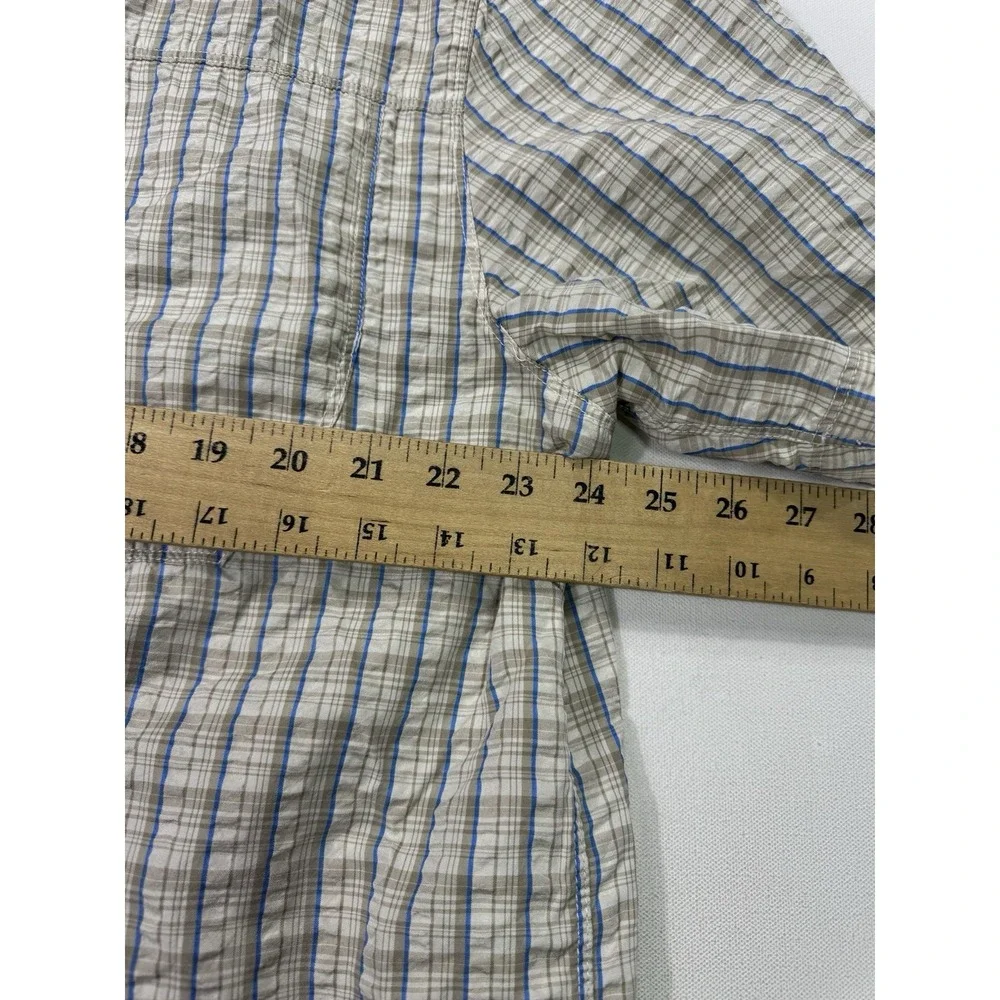 The North Face Men's XL Beige Blue Plaid Seersucker Button Shirt Hiking Outdoor
